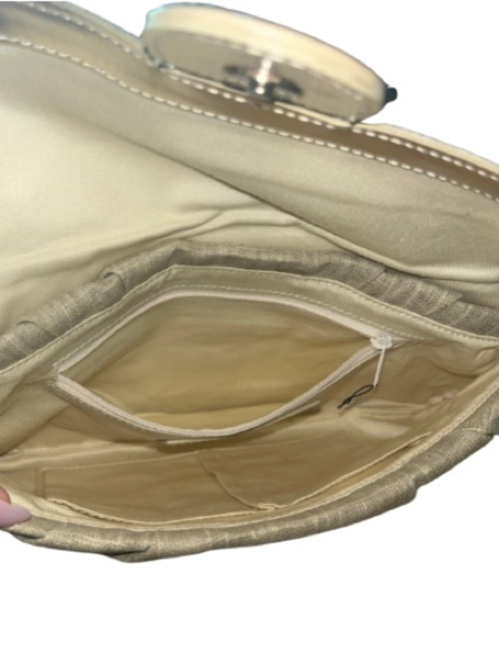 White House Black Market Silver and Tan Linen Braided Buckle Evening Clutch - Picture 12 of 13